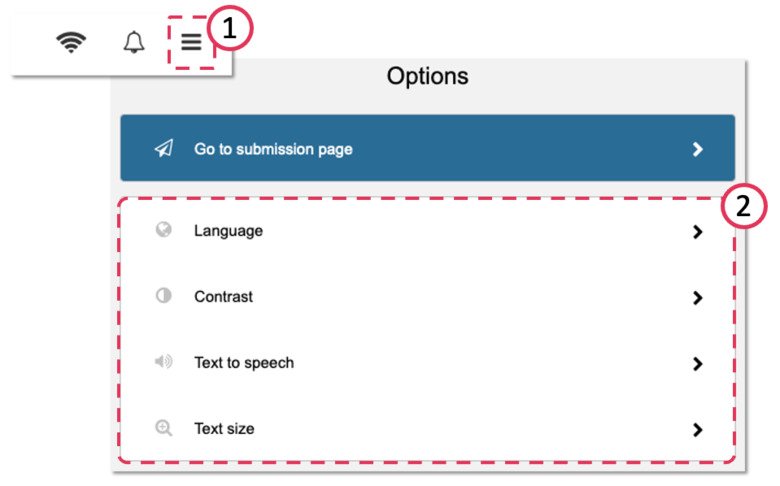 A screenshot showing the position of and options within the Inspera menu