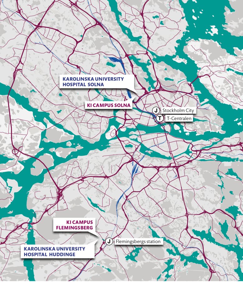 Illustration of a map of Stockholm where Solna Campus and Flemmingsbergs Campus is marked.