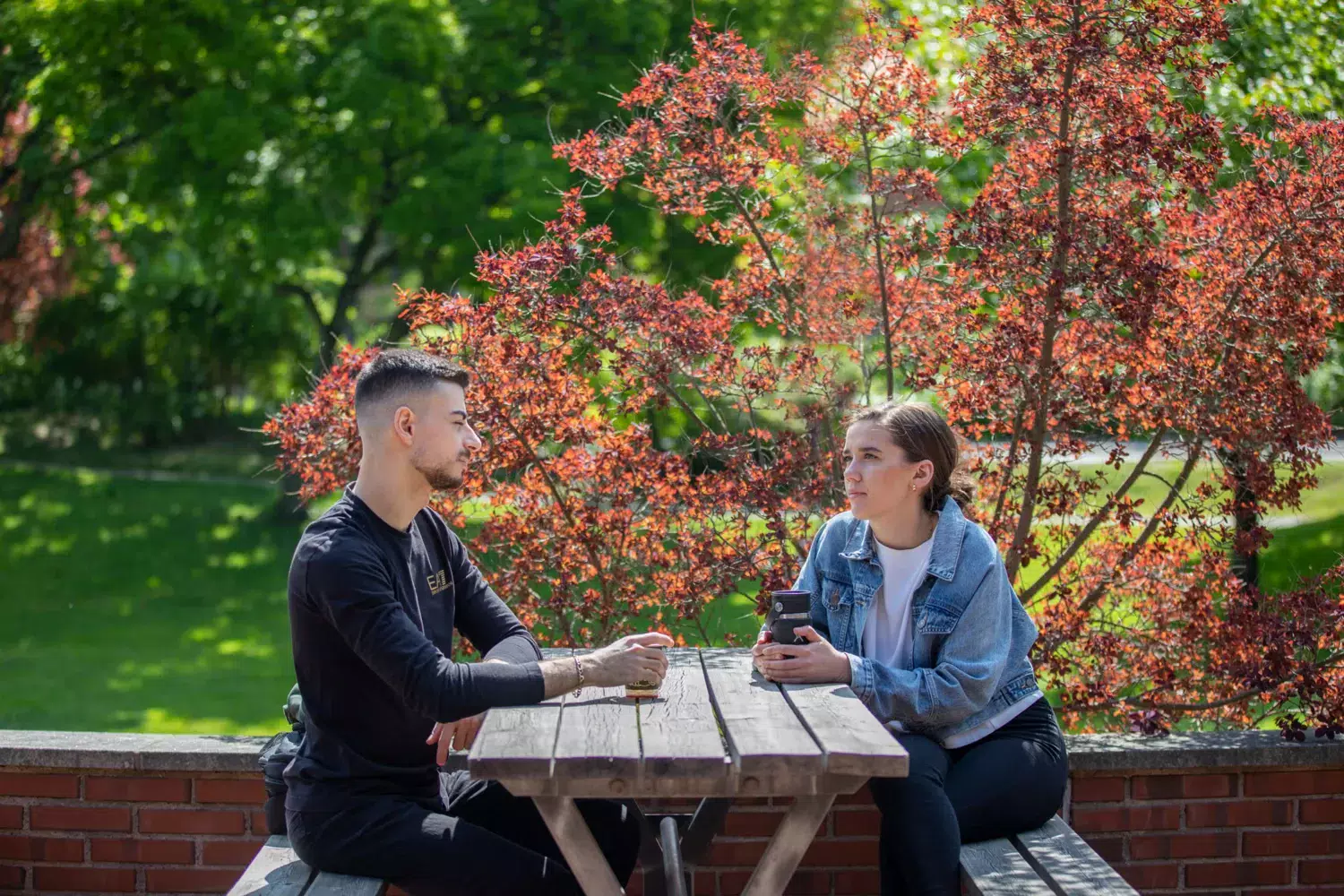 Two students are sitting by a table with take-away coffee cups. Green bushes are seen in the background.