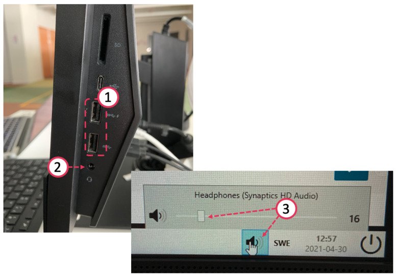 A picture showing the position of the audio contacts on the right-hand side of the exam hall computers