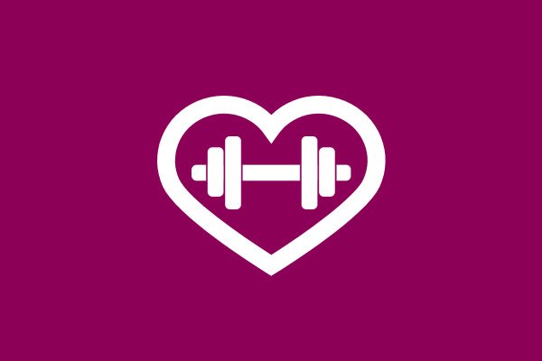 Graphic icon of a heart with a dumbbell in the middle.