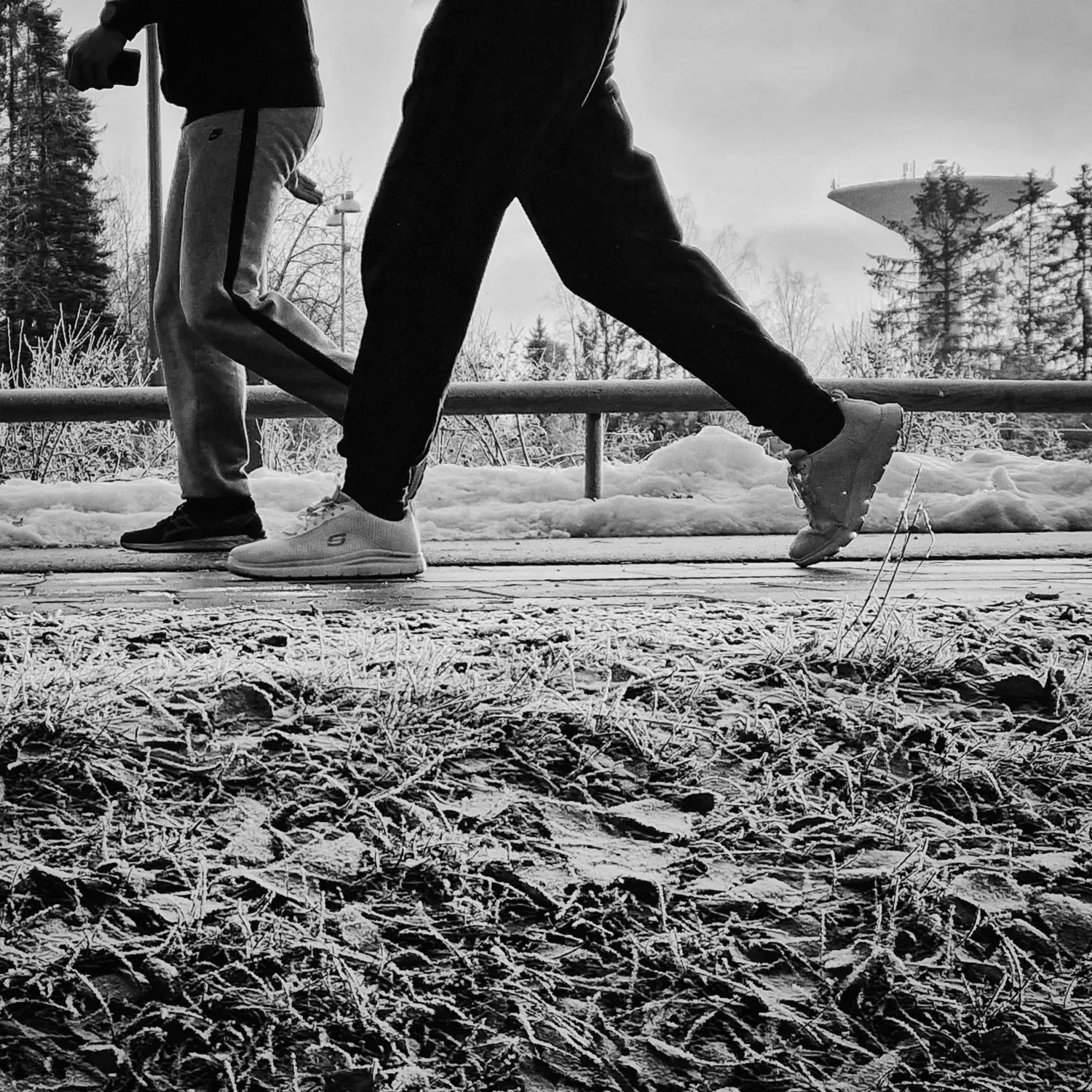 Two pair of legs walking. Water tower in the background.